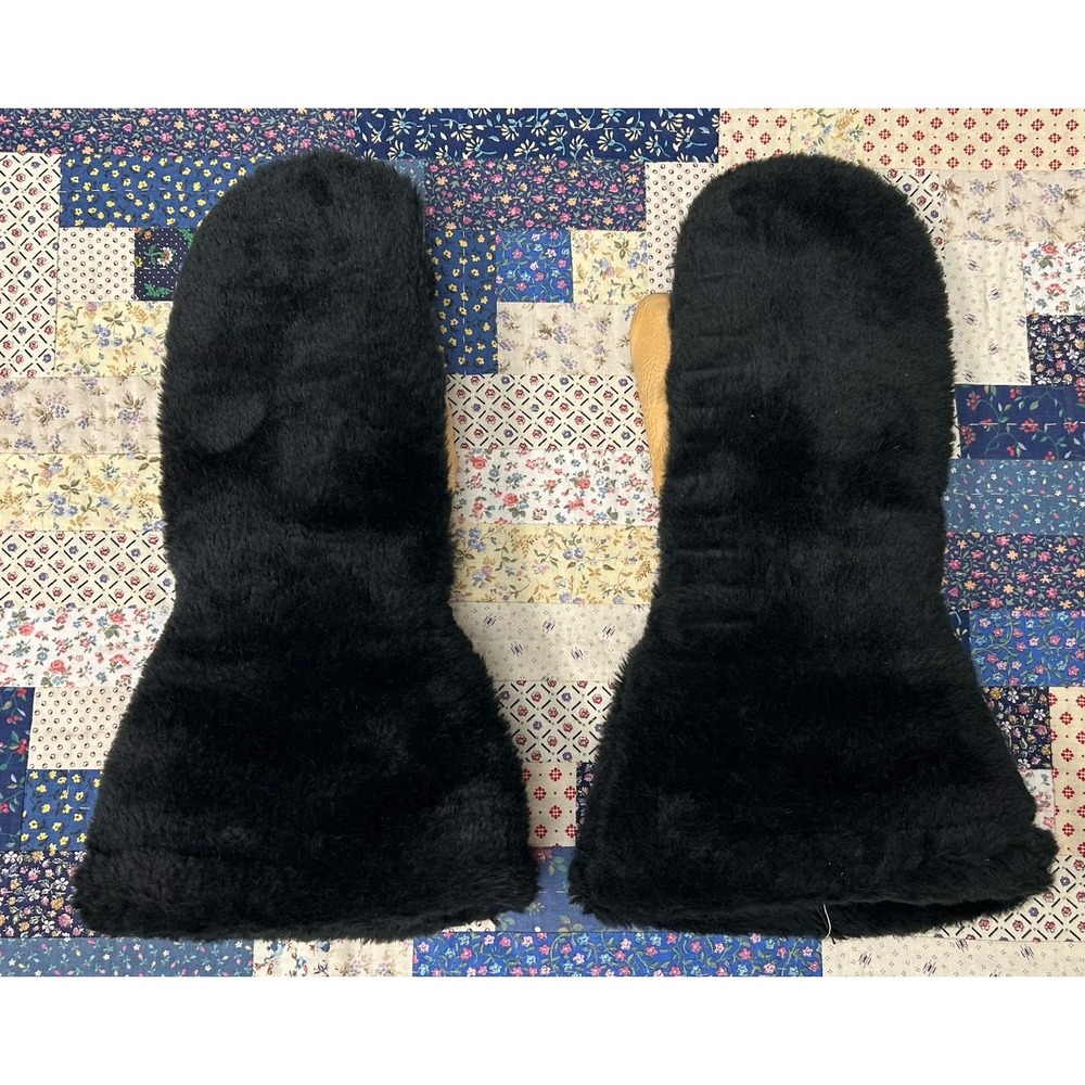 Vintage Uber Black & Brown Faux Fur Real Leather Palm Chopper-style mittens - Picture 2 of 7